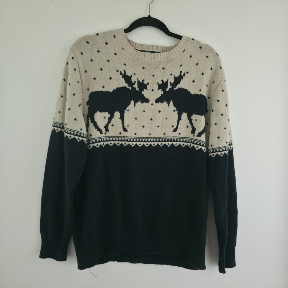 Weatherproof Vintage Moose Sweater Men M Medium Navy Cream Knit Fair Isle Nordic